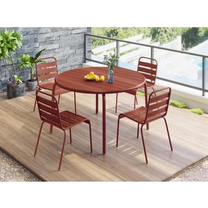 MYLIA Tuineethoek van metaal - Een tafel D110 cm en 4 opstapelbare stoelen - Terracotta - MIRMANDE L 110 cm x H 79 cm x D 110 cm