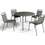 Tuineethoek van metaal - Een tafel D110 cm en 4 opstapelbare stoelen - Donkergrijs - MIRMANDE