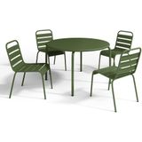 Tuineethoek van metaal - Een tafel D110 cm en 4 opstapelbare stoelen - Kaki - MIRMANDE