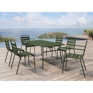 MYLIA Tuineethoek van metaal - Een tafel D160 cm met 2 opstapelbare fauteuils en 4 opstapelbare stoelen - Kaki - MIRMANDE L 160 cm x H 79 cm x D 80 cm