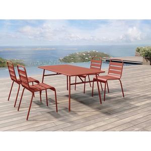 Tuineethoek - Metaal - Een tafel L160 cm en 4 opstapelbare stoelen - Terracotta - MIRMANDE