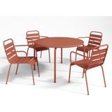 Tuineethoek van metaal - Een tafel D110 cm en 4 opstapelbare fauteuils - Terracotta - MIRMANDE