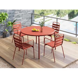 MYLIA Tuineethoek van metaal - Een tafel D110 cm en 4 opstapelbare fauteuils - Terracotta - MIRMANDE L 110 cm x H 79 cm x D 110 cm