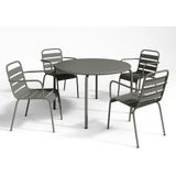 Tuineethoek van metaal - Een tafel D110 cm en 4 opstapelbare fauteuils - Donkergrijs - MIRMANDE