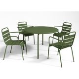 Tuineethoek van metaal - Een tafel D110 cm en 4 opstapelbare fauteuils - Kaki - MIRMANDE