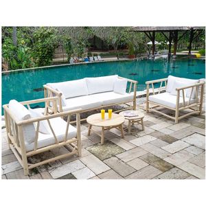 MYLIA Loungeset: 3-zitsbank + 2 stoelen + 2 salontafels - Lichtkleurig teakhout & wit - TULUM L 201 cm x H 77 cm x D 92 cm