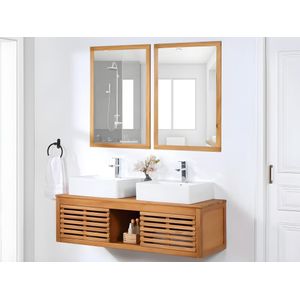 Hangend badkamermeubel van acaciahout met dubbele wastafel en spiegels - 130 cm - PENEBEL