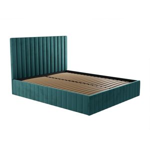 Kofferbed en hoofdbord met verticale stiksels - 160 x 200 cm - Fluweel - Eendblauw - LARALI - van Pascal Morabito