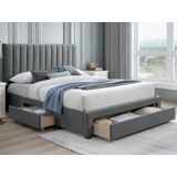 Bed met 3 lades - 140 x 200 cm - Stoffen bekleding - Grijs - LIAKO