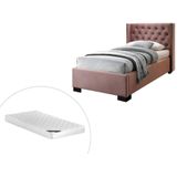 Bed MASSIMO met gewatteerd hoofdbord - 90 x 200 cm - Roze fluweel + Matras