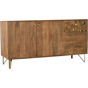 Vente-unique Buffetkast met 2 deurtjes en 3 lades in mangohout en metaal - Donkere houtlook en goud - BELORI L 160 cm x H 85 cm x D 40 cm