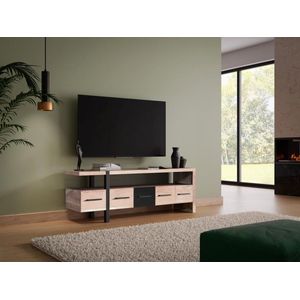 Tv-meubel met 5 lades en 1 legplank in acaciahout en metaal - Lichte houtlook en zwart - JALEBA L 148 cm x H 50 cm x D 40 cm