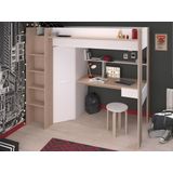 Hoogslaper met bureau en kast - 90 x 200 cm - Wit en naturel + matras- AUCKLAND