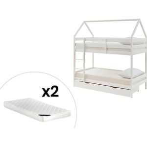 Stapelbed 2 x 90 x 190 cm - 2 lades - Grenen - Wit + Matras - CHORI L 196 cm x H 200 cm x D 96 cm