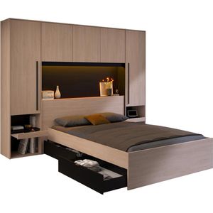 Bed met opbergruimte 140 x 190 cm - Met LED's - Kleur: naturel en zwart - VELONA