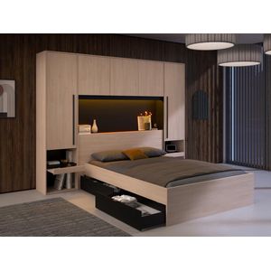 Bed met opbergruimte 160 x 200 cm - Met LED's - Kleur: naturel en zwart - VELONA L 265.2 cm x H 202.8 cm x D 243 cm