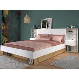 Bed met nachtkastjes en opbergruimtes - Wit en naturel - MISTA L 255.1 cm x H 102.6 cm x D 244.9 cm