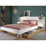 Bed met nachtkastjes en opbergruimtes - Wit en naturel - MISTA L 255.1 cm x H 102.6 cm x D 244.9 cm