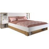 Bed met nachtkastjes en opbergruimtes - Wit en naturel - MISTA L 255.1 cm x H 102.6 cm x D 244.9 cm