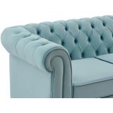 Tweezitsbank van pastelblauw velours CHESTERFIELD