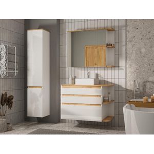 Hangend badkamermeubel met wastafel, zuil en spiegelkast - Naturel en wit - 94 cm - ANID L 94 cm x H 64 cm x D 50 cm