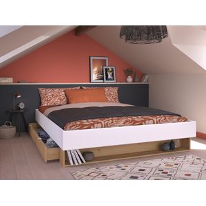 Bed met lade en nis - 160 x 200 cm - Wit en naturel - MISTA L 164 cm x H 28 cm x D 206 cm