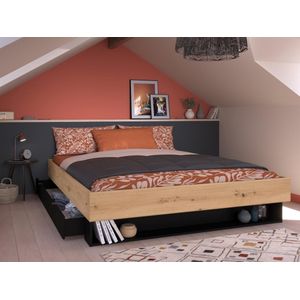 Bed met lade en nis 160 x 200 cm - Naturel en zwart - MISTA L 164 cm x H 28 cm x D 206 cm