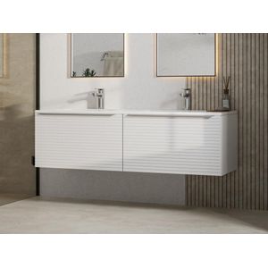 Wit hangmeubel voor badkamer met groeven met dubbele inbouwwastafel - 120 cm - LATOMA L 120 cm x H 39.2 cm x D 45.8 cm