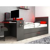 Uitschuifbed 90 x 200 en 90 x 190 cm - Met bureau - Ledverlichting - Antraciet en rood + Matras + Bedbodem - VOUANI