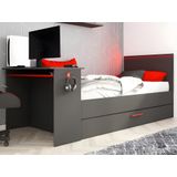 Uitschuifbed 90 x 200 en 90 x 190 cm - Met bureau - Ledverlichting - Antraciet en rood + Matras + Bedbodem - VOUANI