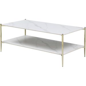 Salontafel met dubbel tafelblad van keramiek en metaal - Wit marmereffect en goud - MADOLA L 120 cm x H 45 cm x D 60 cm