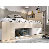 Bed en hoofdeinde met opbergruimtes en lade - 90 x 190 cm - Wit en naturel + matras + lattenbodem - LEANDRE