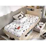 Bed en hoofdeinde met opbergruimtes en lade - 90 x 190 cm - Wit en naturel + matras + lattenbodem - LEANDRE