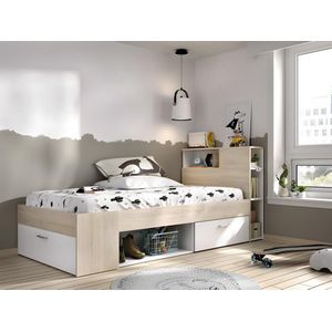 Bed en hoofdeinde met opbergruimtes en lade - 90 x 190 cm - Wit en naturel + matras + lattenbodem - LEANDRE L 218.5 cm x H 95 cm x D 99.5 cm