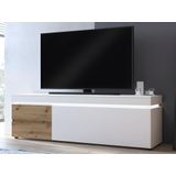 Tv-meubel met 1 deur en 2 laden met ledverlichting - Naturel en wit gelakt - DOLONA