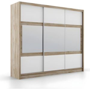 Kast met 3 schuifdeuren - Met spiegel - L250 cm - Kleur: naturel en wit - LEOVIA L 250 cm x H 215 cm x D 61 cm