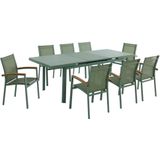 Tuineethoek van aluminium: een uitschuifbare tafel 180/240 cm en 8 opstapelbare fauteuils met armleuningen van acaciahout - Amandelgroen - NAURU