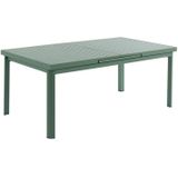 Tuineethoek van aluminium: een uitschuifbare tafel 180/240 cm en 8 opstapelbare fauteuils met armleuningen van acaciahout - Amandelgroen - NAURU
