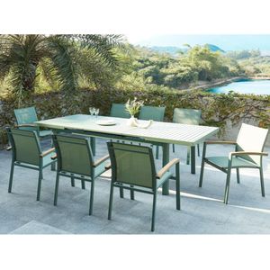 MYLIA Tuineethoek van aluminium: een uitschuifbare tafel 180/240 cm en 8 opstapelbare fauteuils met armleuningen van acaciahout - Amandelgroen - NAURU L 240 cm x H 89 cm x D 100 cm