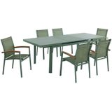 Tuineethoek van aluminium: een uitschuifbare tafel 180/240 cm en 6 opstapelbare fauteuils met armleuningen van acaciahout - Amandelgroen - NAURU