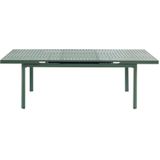 Tuineethoek van aluminium: een uitschuifbare tafel 180/240 cm en 6 opstapelbare fauteuils met armleuningen van acaciahout - Amandelgroen - NAURU