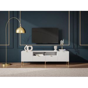 Tv-meubel met 2 deuren, 2 laden en 2 nissen van mdf en staal - Wit en goudkleurig - YESINIA