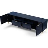 Tv-meubel met 2 deuren, 2 laden en 2 nissen van mdf en staal - Blauw en goudkleurig - YESINIA