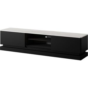 PASCAL MORABITO Tv-meubel met 2 lades en 2 nissen met ledverlichting van mdf - Zwart met wit marmereffect - DEVIKA - van Pascal Morabito L 190 cm x H 44 cm x D 40 cm