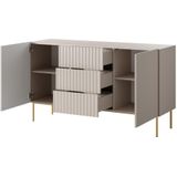 Hoge buffetkast met 2 deuren en 3 lades van mdf en staal - Beige en goudkleurig - EVILANA