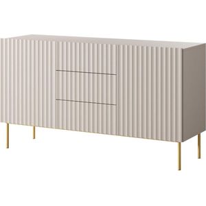 Hoge buffetkast met 2 deuren en 3 lades van mdf en staal - Beige en goudkleurig - EVILANA L 150 cm x H 84.1 cm x D 44.8 cm