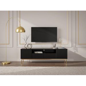 Tv-meubel met 2 deuren, 2 laden en 2 nissen van mdf en staal - Zwart en goudkleurig - EVILANA