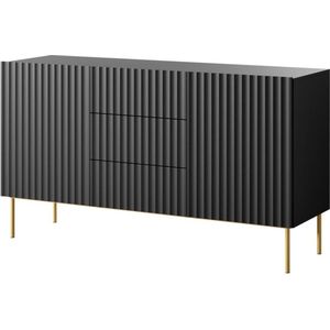 Hoge buffetkast met 2 deuren en 3 lades van mdf en staal - Zwart en goudkleurig - EVILANA L 150 cm x H 84.1 cm x D 44.8 cm