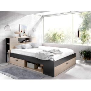 Bed met hoofdeinde met opbergruimte en lades - 140 x 190 cm - Kleur: naturel en antraciet + Bedbodem - LEANDRE L 218.5 cm x H 95 cm x D 149.6 cm