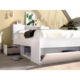 Bed met hoofdeinde met opbergruimte en lades - 140 x 190 cm - Kleur: wit + bedbodem - LEANDRE